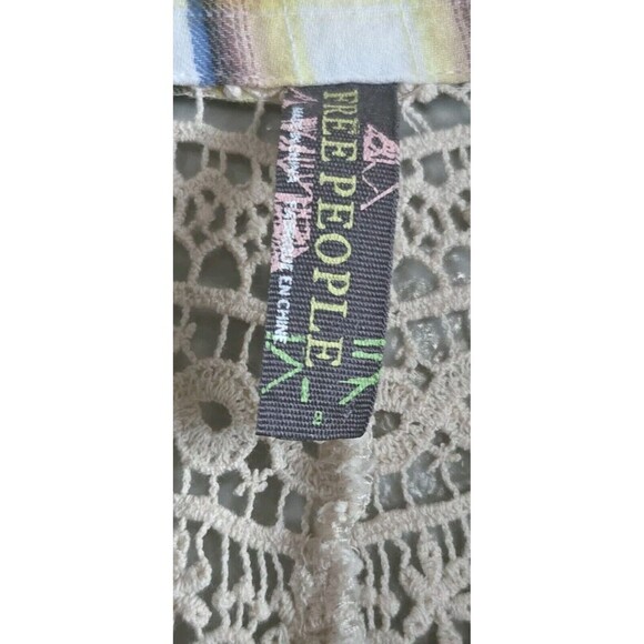 Free People Shirt Women's 2 Tan Plaid Crochet Pearl Snap Pleated Peplum Western - Picture 4 of 10